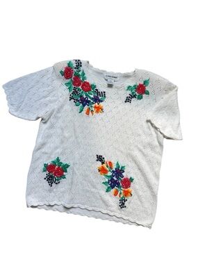 VTG Alfred Dunner Floral Crochet Short Sleeve Boho Spring Cottagecore Top M